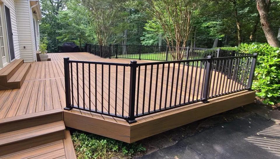 Composite deck with black aluminum railing and wide steps, backing onto woods