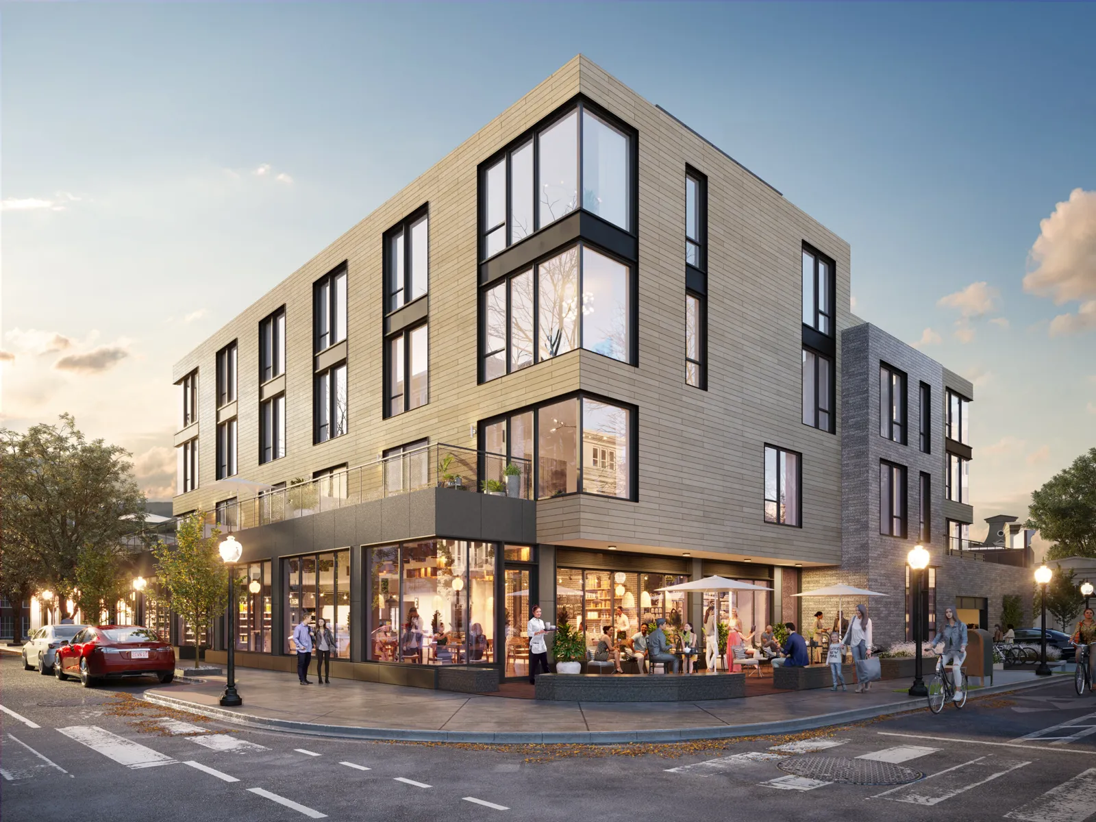 Rendering of a four-story mixed-use building with ground-floor retail on a Revere street corner